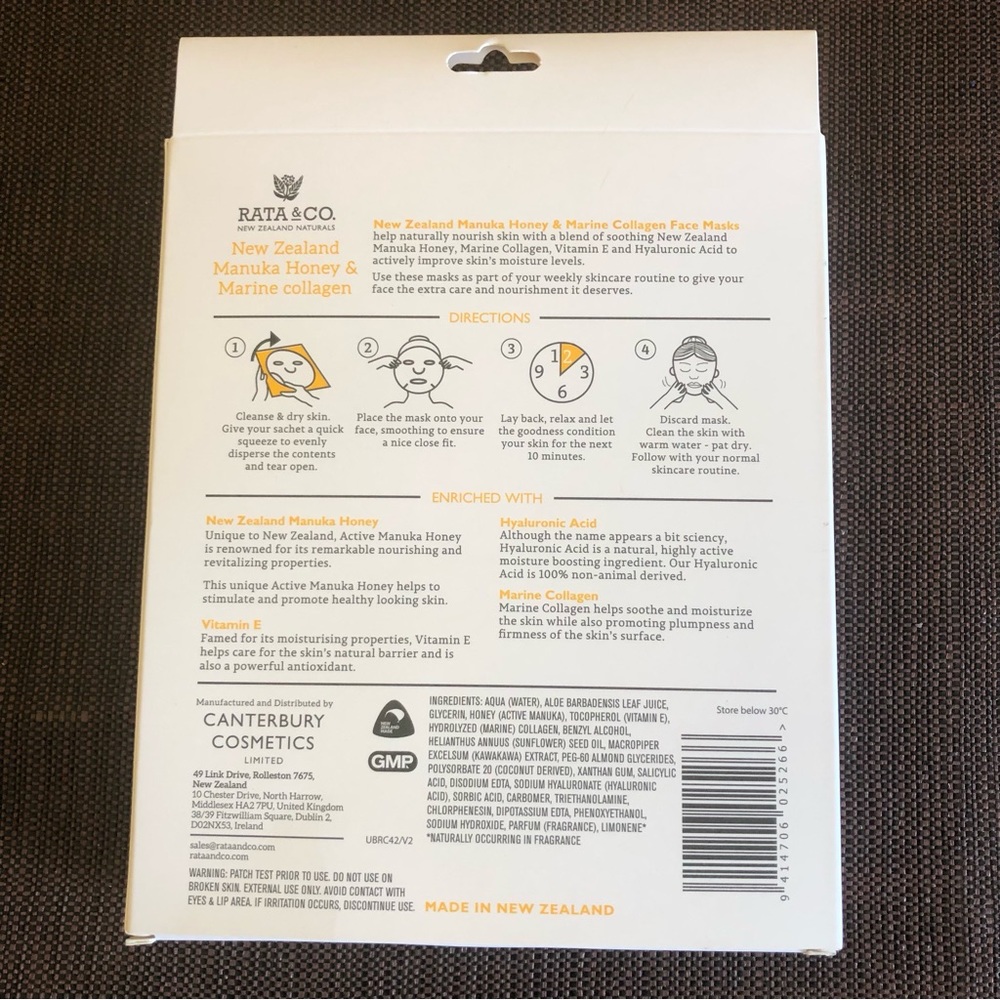 Rata & Co New Zealand Manuka Honey & Marine Collagen Sheet Face Mask Pac… - Picture 5 of 6